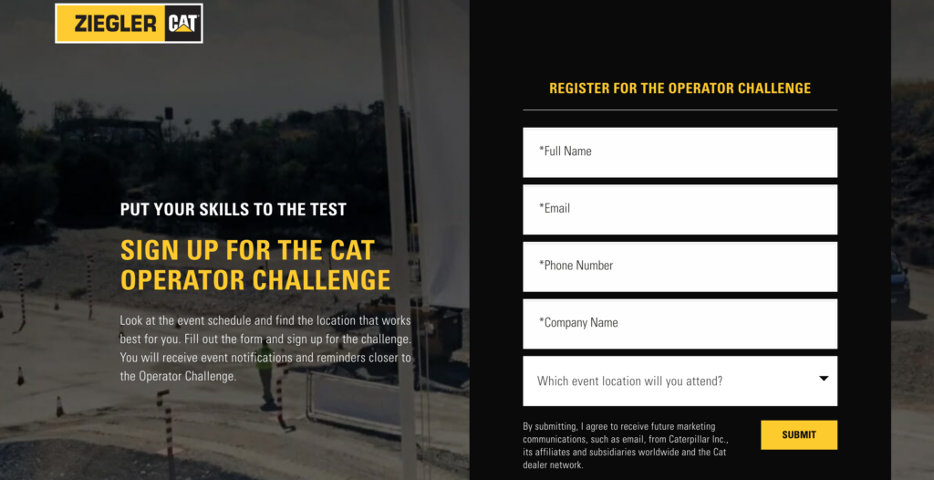 ziegler cat operator challenge landing page with register form