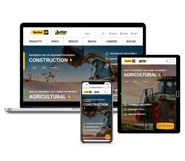 An iphone, tablet, and laptop displaying the new website that Snapshot designed and rebuilt for Butler Machinery Company.